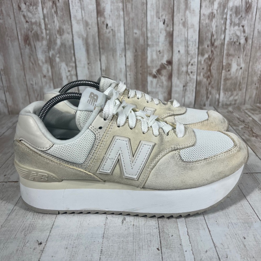 New Balance 574+ Platform Sneakers Cream White Suede WL574ZSO Womens 11